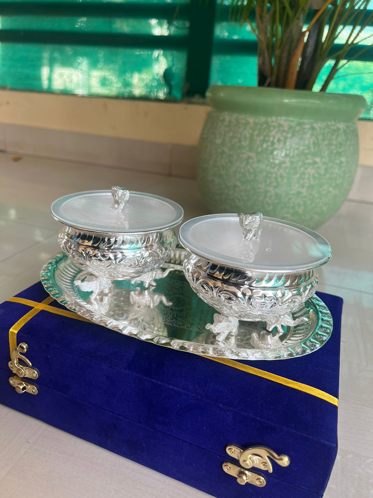 german silver Elephant legs with elephant lid bowl 2 pcs set with tray in gift box for diwali gifting